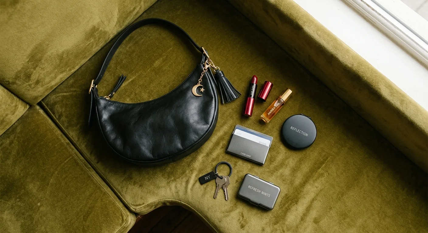 A flat lay of everything in the black crescent / half-moon