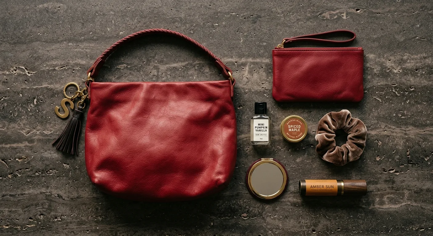 A flat lay of everything in the cherry red pouch
