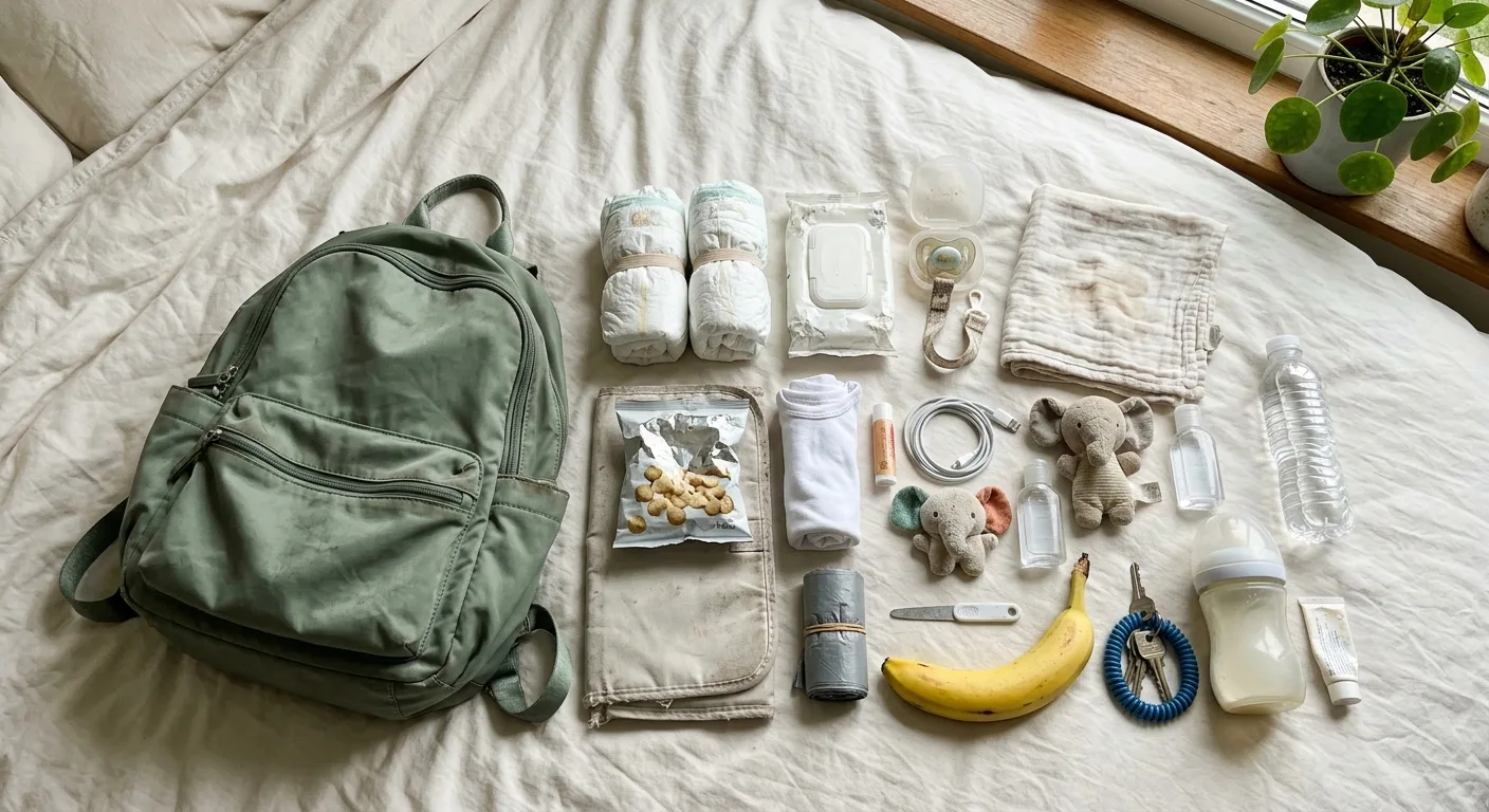 A flat lay of everything in the sage backpack