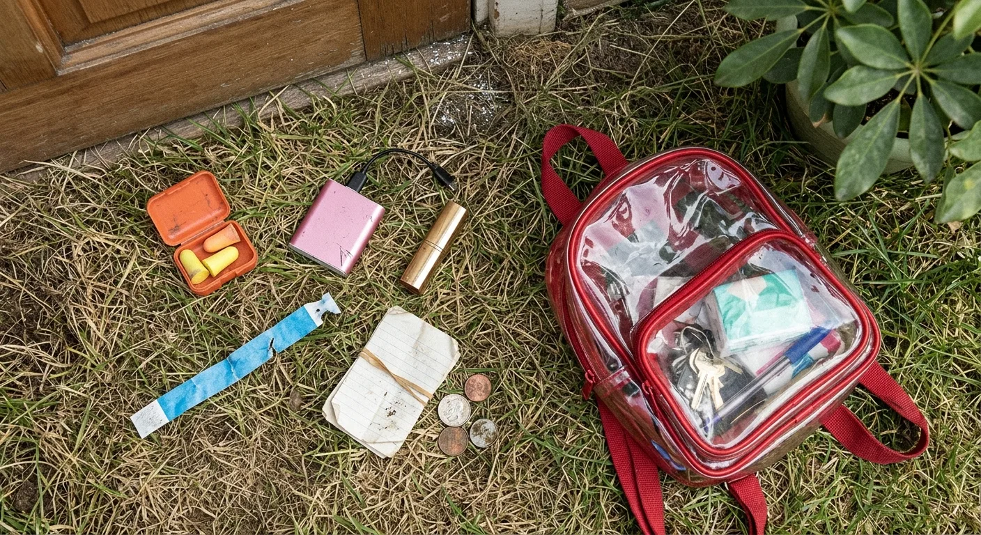 A flat lay of everything in the cherry red clear backpack