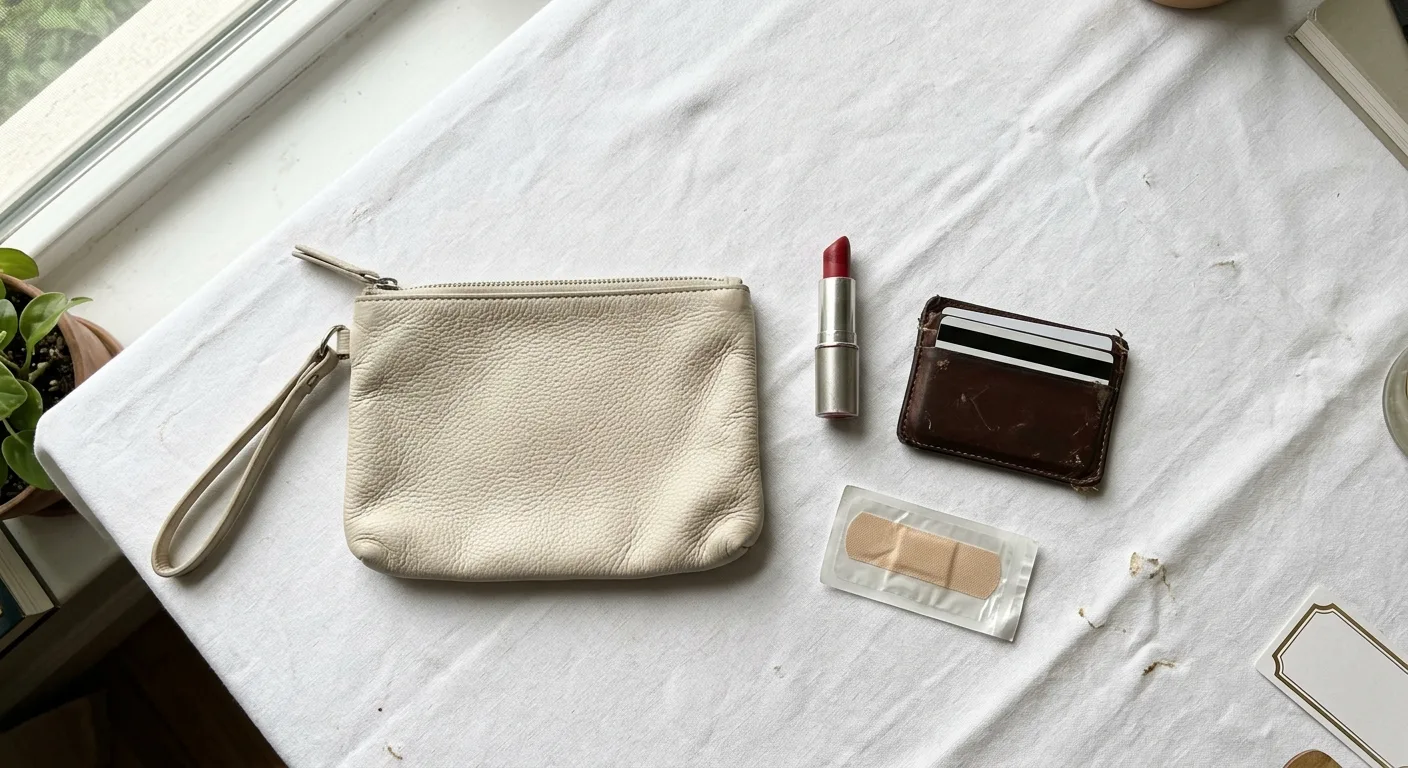 A flat lay of everything in the bone wristlet / clutch
