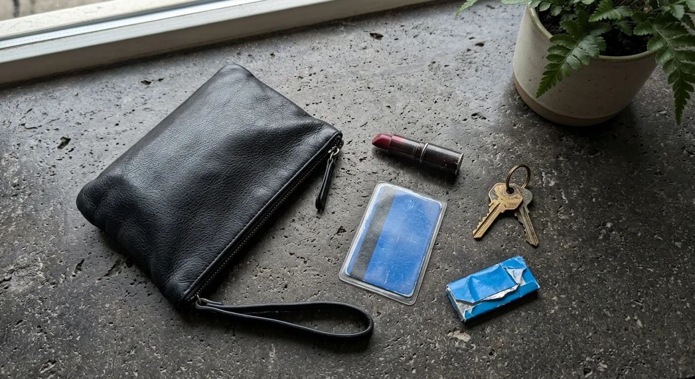 A flat lay of everything in the black wristlet / clutch