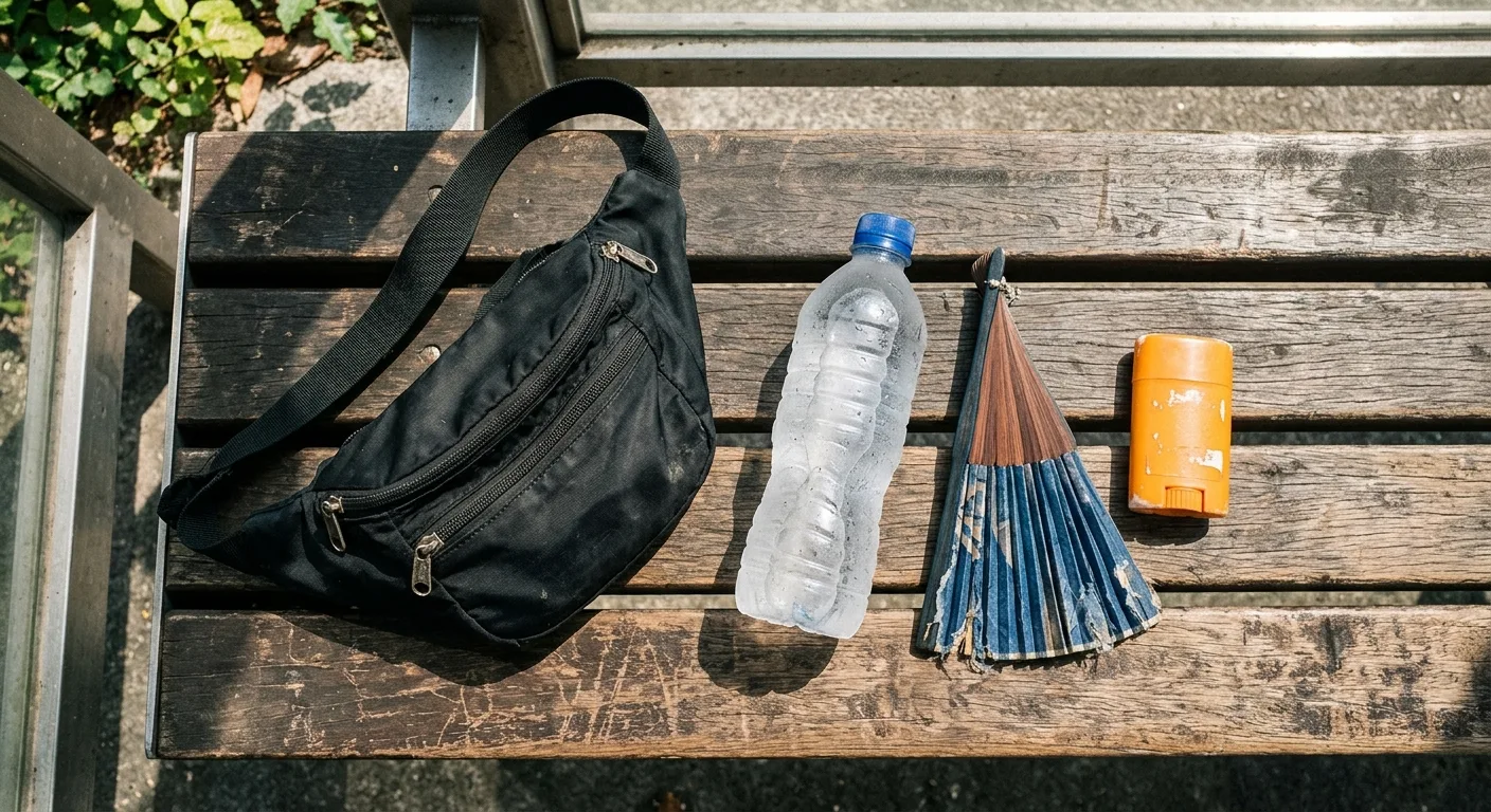 A flat lay of everything in the black belt bag