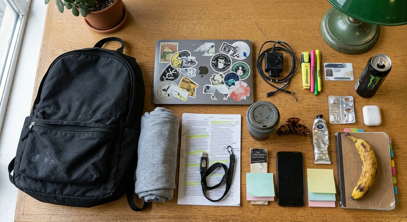 A flat lay of everything in the black backpack