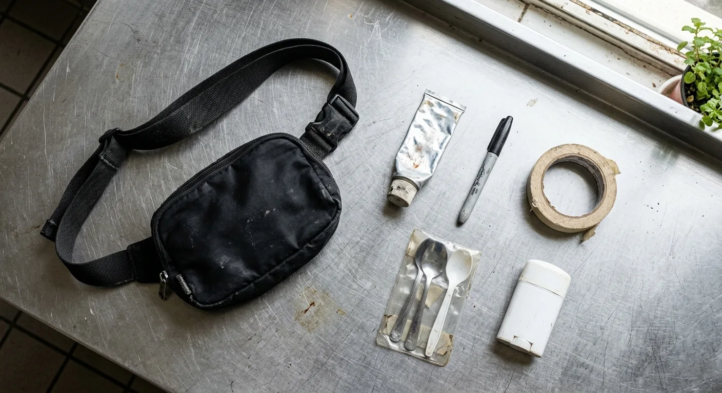 A flat lay of everything in the black belt bag