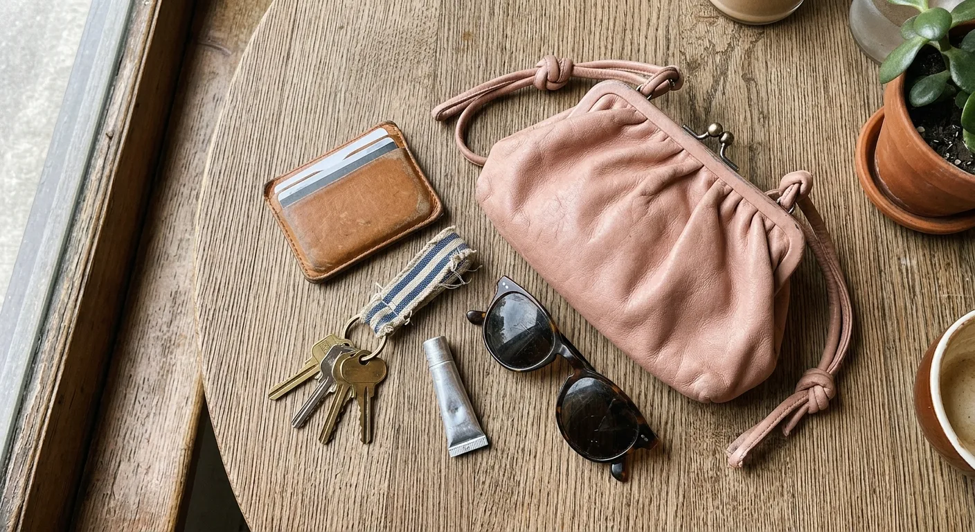 A flat lay of everything in the blush pink pouch