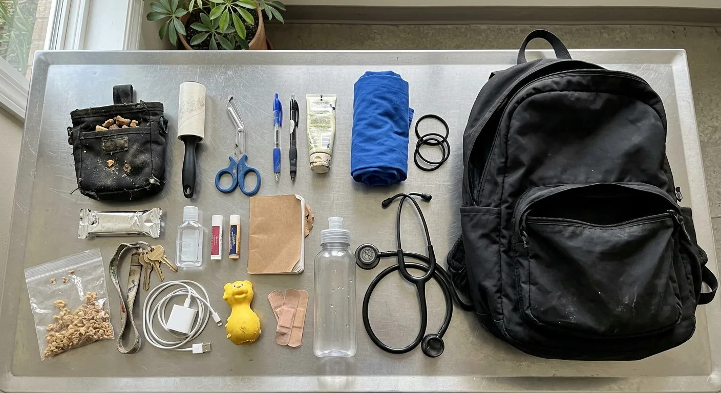 A flat lay of everything in the black backpack