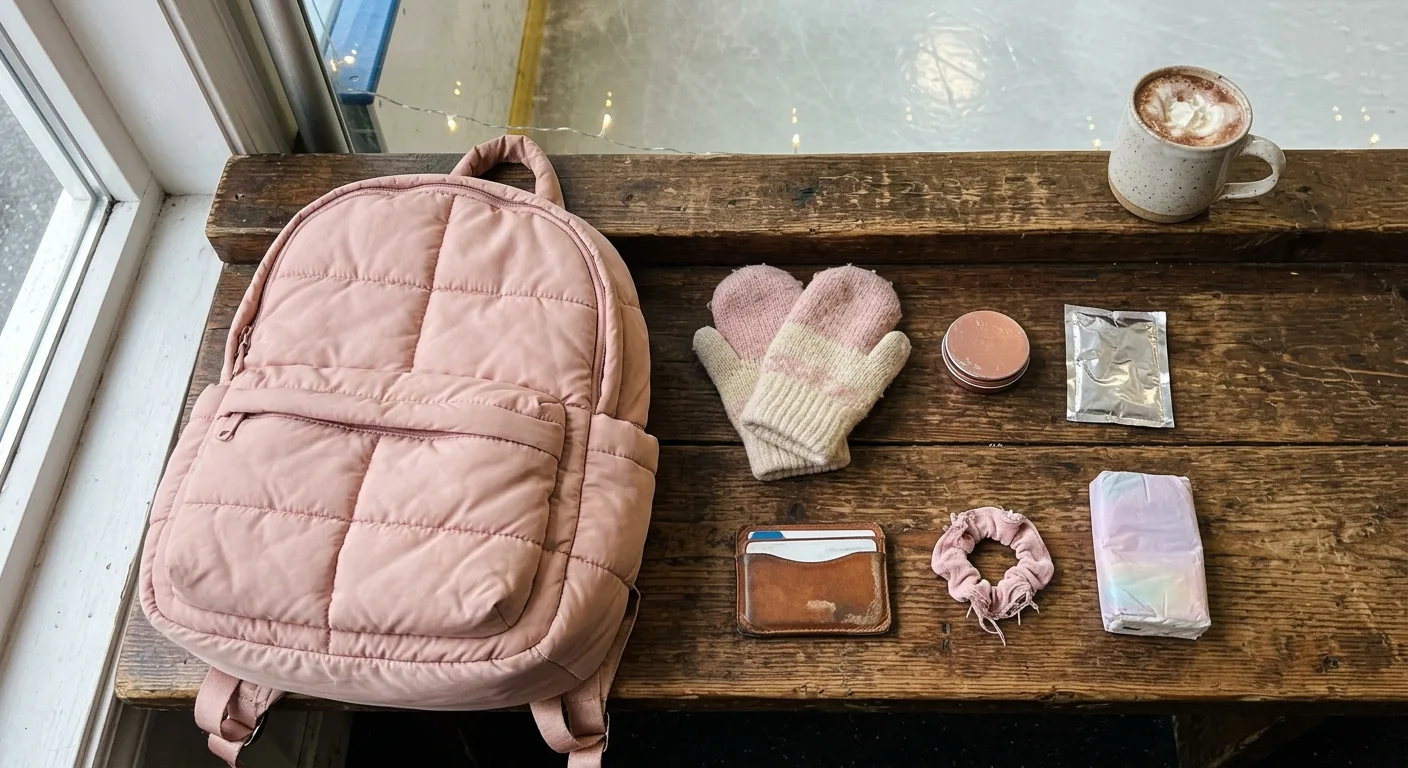A flat lay of everything in the blush pink puffer backpack