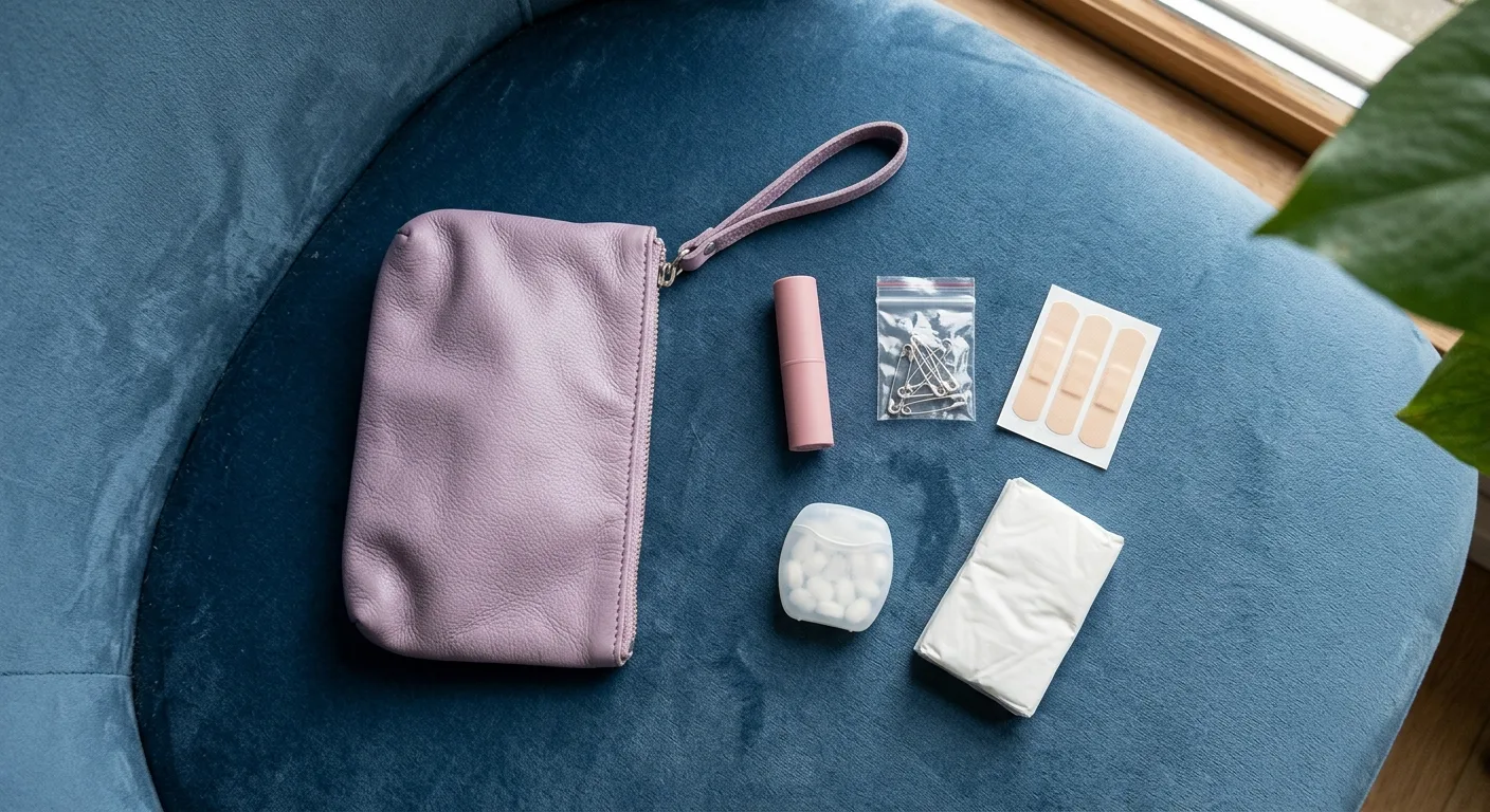 A flat lay of everything in the lilac wristlet / clutch