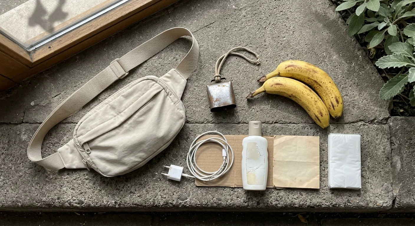 A flat lay of everything in the bone belt bag