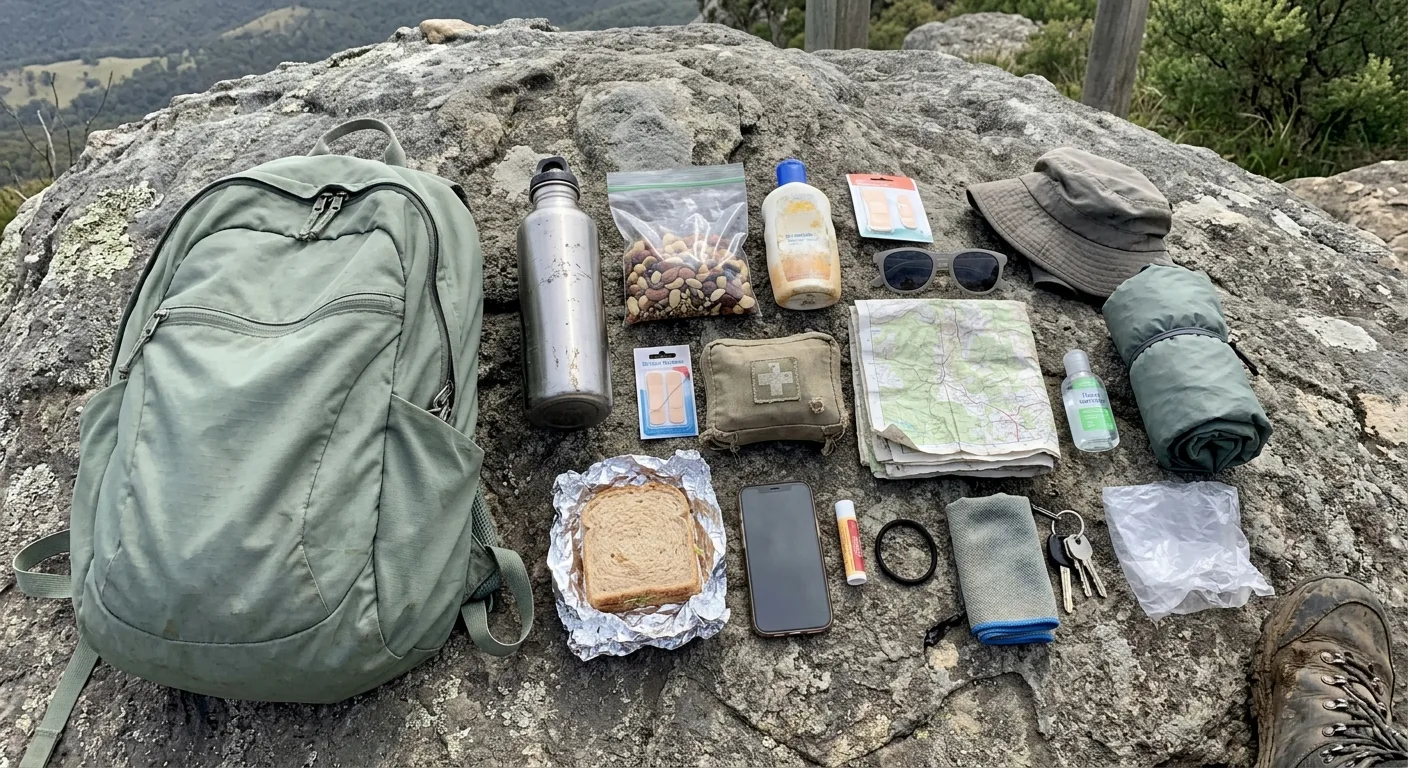 A flat lay of everything in the sage backpack