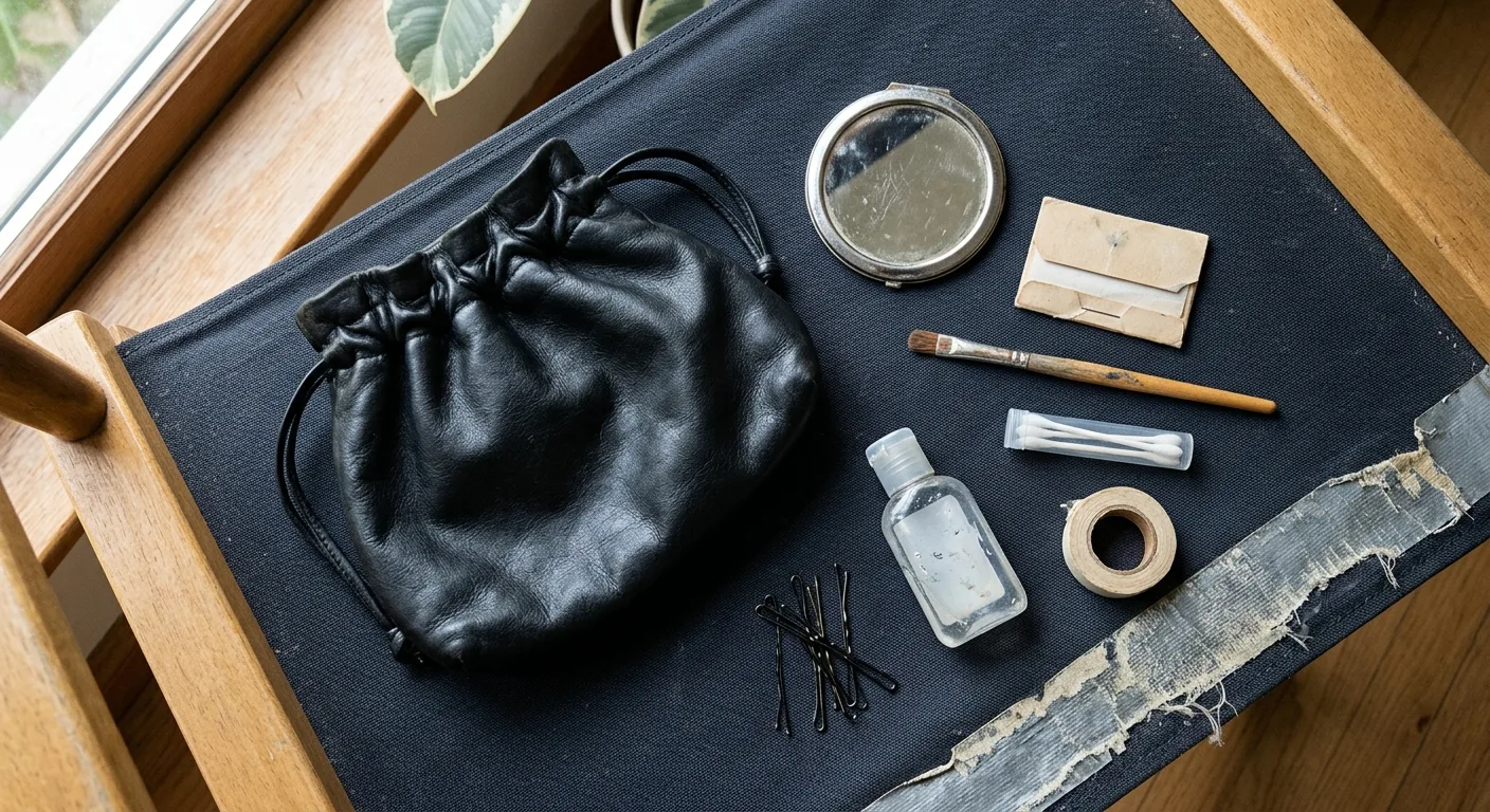 A flat lay of everything in the black pouch